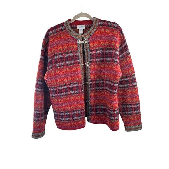Vintage Carroll Reed Fair Isle Sweater Womens Medium Red 100% Wool Cardigan HK - Picture 1 of 6